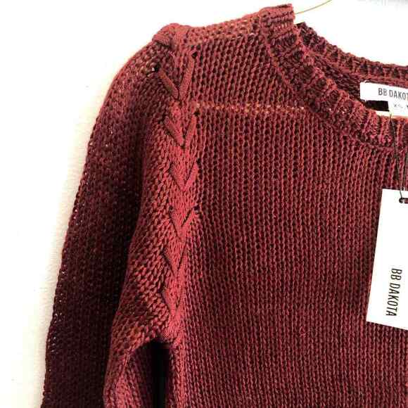 nwt BB Dakota Young Wild & Free Sweater Braid Fringe Hem Burgundy Red size XS - Picture 2 of 6